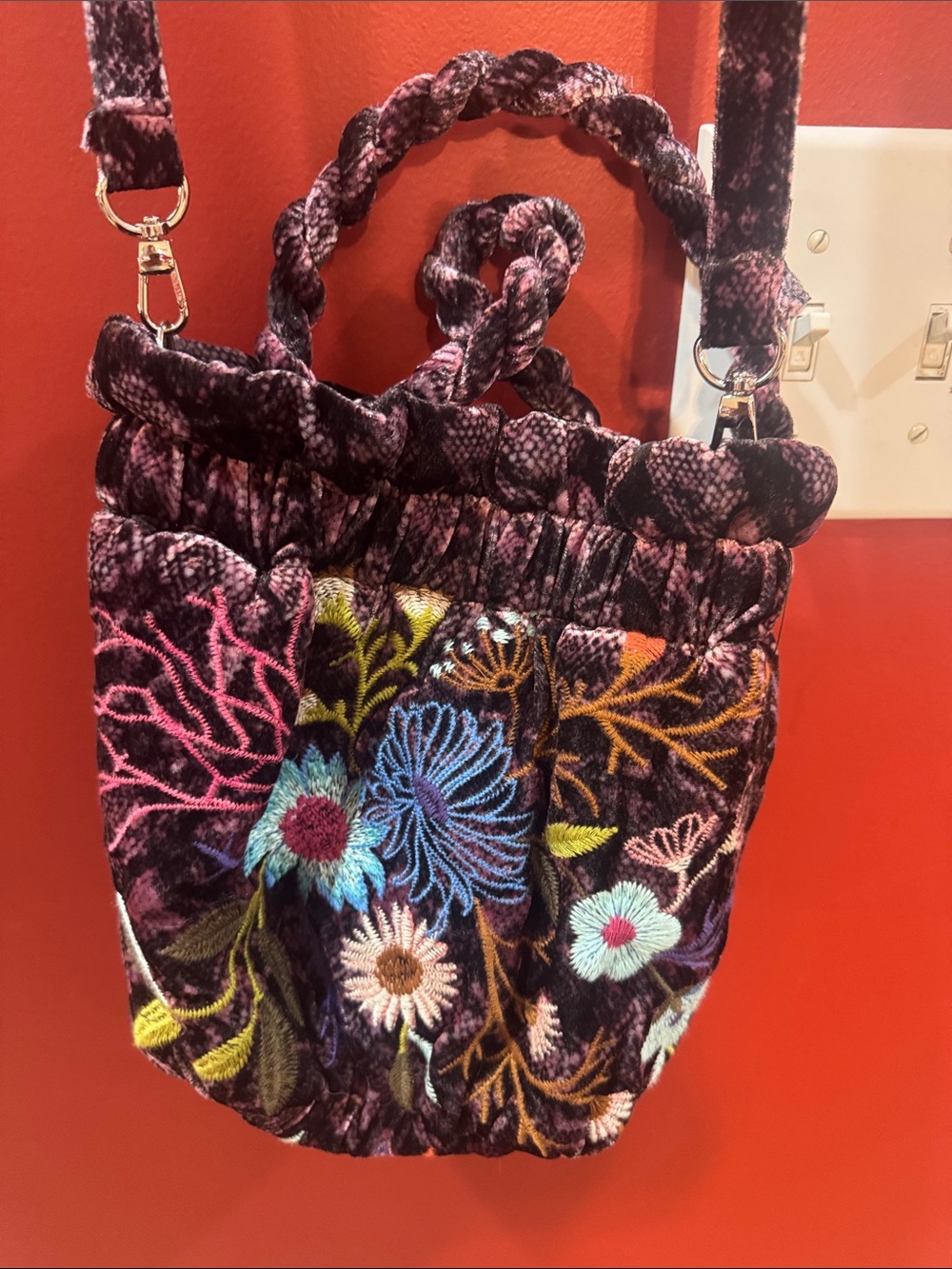 Johnny Was Plum Velvet Embroidered Shoulder Bag